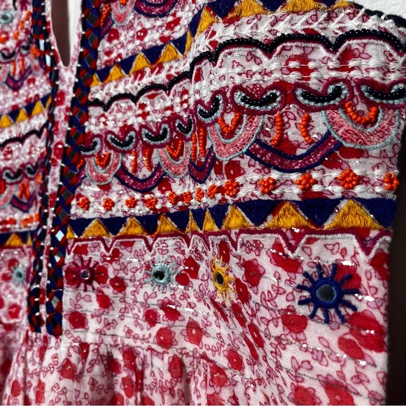 THML Women Mini Dress XS Red Embroidered‎ Boho Keyhole Summer Halter Artsy - Picture 4 of 11